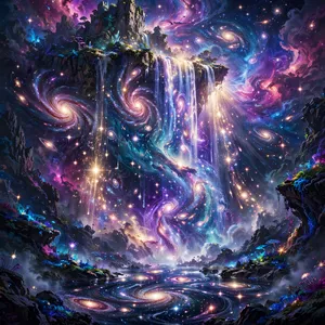 A waterfall that pours out stars and galaxies instead of water, illustrated in a cosmic fantasy style with vibrant space colors and dramatic lighting effects. - Meta Muse Image