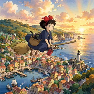 A young witch flying on a broomstick above a coastal town at sunset. Exact art style of 'Kiki's Delivery Service' by Studio Ghibli, with Miyazaki's character design and warm colors. - Meta Muse Image