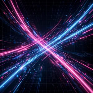Abstract background graphic, cyberpunk aesthetic, neon pink/blue light trails on dark grid, sense of digital speed, for desktop wallpaper. - Meta Muse Image