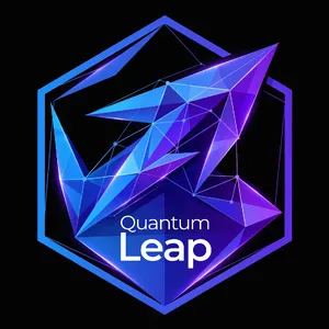 Abstract geometric logo for tech startup 'Quantum Leap', evoking connection & speed, vibrant blue/purple gradient, sharp angles. 'Quantum Leap' as text contained in logo. - Meta Muse Image
