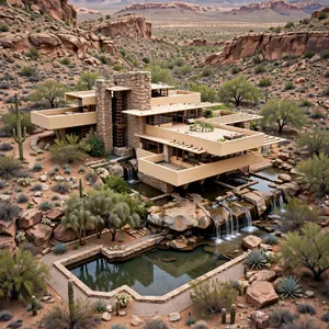 Aerial view of a modernist desert home, in the style of Frank Lloyd Wright's Fallingwater but adapted to desert conditions. Show integration with rocky landscape and water features. - Meta Muse Image