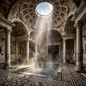 An ancient Roman bathhouse interior with accurate architectural details - marble columns, mosaic floors, arched ceilings, and steam rising from pools. Natural light from oculus openings. - Meta Muse Image