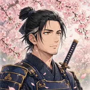 An anime-style portrait of a samurai standing under pink cherry blossoms. - Meta Muse Image