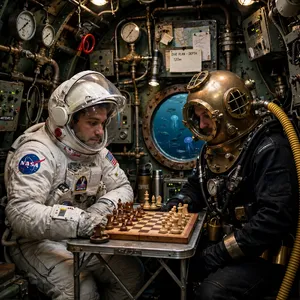 An astronaut and a deep-sea diver playing chess together inside a submarine. - Meta Muse Image