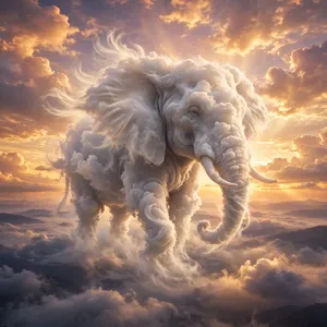 An elephant made of clouds floating in a sunset sky, rendered in a surrealist photorealistic style with ethereal golden lighting and atmospheric depth. - Meta Muse Image