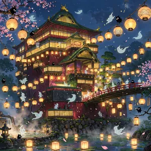 An enchanted bathhouse with glowing lanterns and spirits. Recreate the visual style of 'Spirited Away' by Studio Ghibli, with Miyazaki's ornate architecture and magical atmosphere. - Meta Muse Image