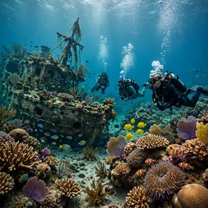 An underwater scene with scuba divers exploring a coral reef alongside colorful fish and a sunken ship. - Meta Muse Image
