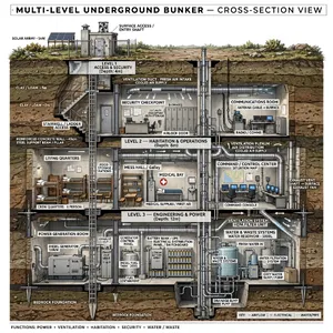 Cross-section rendering of a multi-level underground bunker with different functional areas, structural support systems, ventilation, and power generation facilities visible. - Meta Muse Image