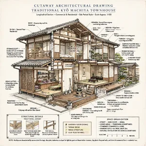 Cutaway architectural drawing of a traditional Japanese machiya townhouse showing all rooms and structural elements. Include accurate proportions, traditional joinery, and typical spatial organization. - Meta Muse Image
