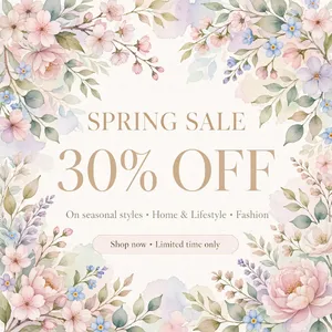 Instagram post graphic: 'SPRING SALE 30% OFF'. Floral background, pastel colors, elegant serif font style visually integrated. - Meta Muse Image