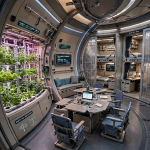 Interior of a futuristic space habitat with hydroponics gardens, communal areas, and living quarters. Show curved walls, artificial gravity considerations, and multipurpose furniture designs. - Meta Muse Image