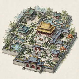 Isometric architectural illustration of an ancient Chinese temple complex showing multiple pavilions, gardens, and ceremonial spaces. Include proper roof structures and traditional ornamentation. - Meta Muse Image