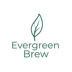 Minimalist logo for a sustainable coffee brand 'Evergreen Brew', single leaf motif, clean lines, vector style, white background. 'Evergreen Brew' contained as text in logo - Meta Muse Image
