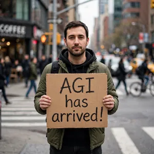 Photorealistic daytime street photograph, clearly showing a man standing still on a busy urban street corner holding a rectangular cardboard sign clearly facing camera, handwritten bold black marker text clearly readable as 