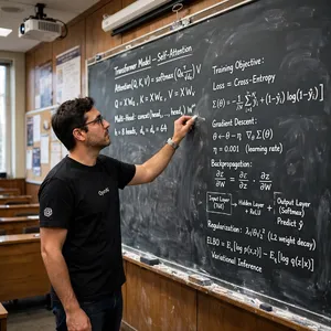 Photorealistic depiction of a man wearing a clearly visible black OpenAI-branded T-shirt. He is standing at the front of a university lecture hall, writing complex mathematics and AI-related equations across a large, dusty chalkboard filled with notation - Meta Muse Image