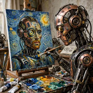 Photorealistic image of a robot painting a realistic self-portrait (i.e. the robot) on canvas, mimicking Van Gogh’s art style; clear, realistic metallic textures and painting details visible - Meta Muse Image