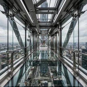 Photorealistic rendering of a contemporary glass skybridge between two skyscrapers, seen from inside with city views visible through glass walls and floor. Show accurate reflections and structural details. - Meta Muse Image