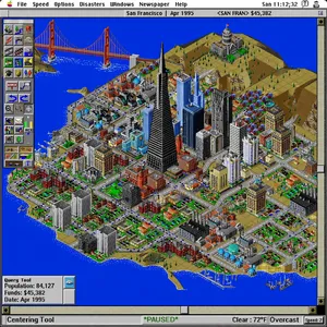 Pixel art cityscape of San Francisco in the iconic SimCity 2000 style, isometric view, detailed skyscrapers, residential areas, clearly identifiable Golden Gate Bridge, Coit Tower, Transamerica Pyramid, surrounded by the classic SimCity 2000 UI elements - Meta Muse Image