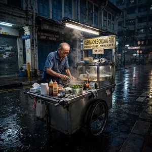 Rain-slicked Singapore street, 3 AM. A lone elderly hawker cleans his cart under one flickering fluorescent light. Steam rises gently. Low-angle shot, photorealistic - Meta Muse Image