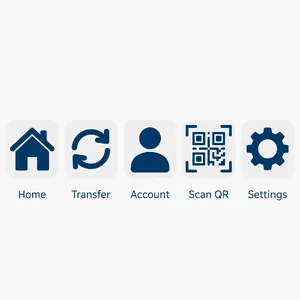 Set of 5 consistent flat design icons for a mobile banking app: 'Home', 'Transfer', 'Account', 'Scan QR', 'Settings'. Monochrome dark blue. - Meta Muse Image