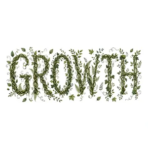 The word 'GROWTH' visualized using stylized plant vines organically forming the letters, green tones, white background, graphic design. - Meta Muse Image