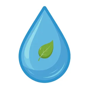 Visual element for an infographic about water conservation. Stylized water droplet icon containing a small green leaf, clean vector art. - Meta Muse Image