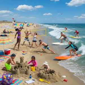 A beach scene: adults playing volleyball, kids building sandcastles, and surfers riding waves. - XAI Grok Imagine (Quality)