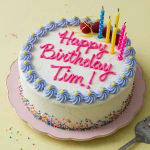 A birthday cake with icing that spells 