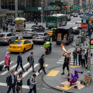 A busy city intersection with cars, pedestrians, and street performers all in one frame. - XAI Grok Imagine (Quality)