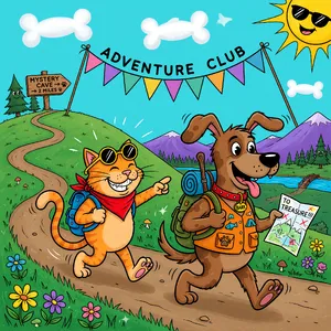 A cartoon of a cat and a dog on an adventure, drawn in a colorful 2D style. - XAI Grok Imagine (Quality)