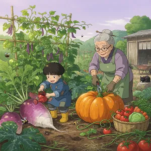 A child and elder tending oversized vegetables in a garden. Reproduce the artistic style of Studio Ghibli, with their distinctive character proportions and detailed plant illustrations. - XAI Grok Imagine (Quality)