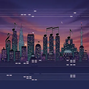A city skyline that forms the shape of musical notes on a staff, created in a stylized graphic design aesthetic with clean architectural lines and dramatic twilight colors. - XAI Grok Imagine (Quality)