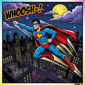 A comic-book style superhero flying over a city at night, with halftone shading. - XAI Grok Imagine (Quality)