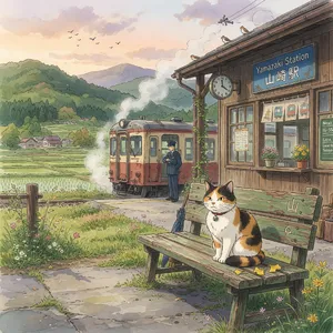 A countryside train station with a cat waiting on a bench. Rendered in Studio Ghibli animation style with Miyazaki's watercolor backgrounds and hand-drawn quality. - XAI Grok Imagine (Quality)