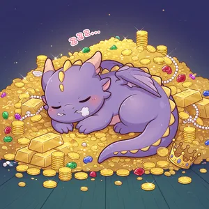 A cute chibi-style dragon sleeping on a pile of gold. - XAI Grok Imagine (Quality)