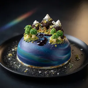 A dessert cake that looks like a tiny planet, complete with miniature trees and mountains, photographed in a professional food photography style with tilt-shift focus effect. - XAI Grok Imagine (Quality)