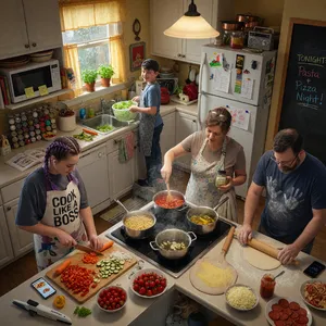 A family cooking together in a kitchen, each person busy with a different task. - XAI Grok Imagine (Quality)