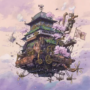 A floating steampunk castle in the sky with intricate mechanical gears and cherry blossom trees, illustrated in Hayao Miyazaki's Castle in the Sky (1986) art style with watercolor textures and detailed line work. - XAI Grok Imagine (Quality)
