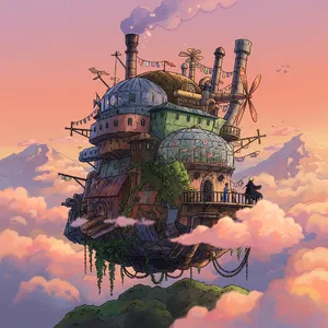 A flying castle floating in clouds at sunrise. Match the visual aesthetic of 'Howl's Moving Castle' by Studio Ghibli, with Miyazaki's blend of steampunk elements and fantasy. - XAI Grok Imagine (Quality)