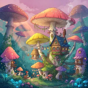 A forest of giant mushrooms with houses built on top of them, rendered in a whimsical Studio Ghibli-inspired art style with vibrant colors and fantastical details. - XAI Grok Imagine (Quality)