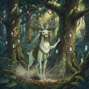 A forest spirit standing among tall trees. Replicate the artistic style of 'Princess Mononoke' by Studio Ghibli, with Miyazaki's detailed environments and mystical creature design. - XAI Grok Imagine (Quality)