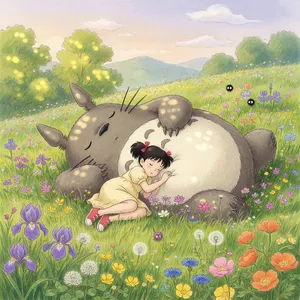 A girl and a giant fluffy creature napping in a wildflower meadow. Reproduce the art style of 'My Neighbor Totoro' by Studio Ghibli, with Miyazaki's soft character designs. - XAI Grok Imagine (Quality)