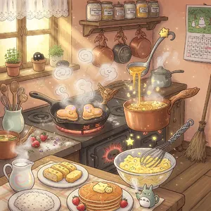 A kitchen with magical cooking implements preparing breakfast. Duplicate the artistic style of Studio Ghibli's domestic scenes, with Miyazaki's detailed settings and warm lighting. - XAI Grok Imagine (Quality)