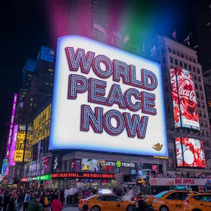 A large storefront billboard at Times Square displaying the slogan “WORLD PEACE NOW” in bold, clear letters, amidst a vibrant cityscape at night. - XAI Grok Imagine (Quality)