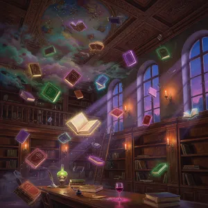 A library where the books are glowing and floating in mid-air, illustrated in a magical realism style with dramatic lighting and rich atmospheric colors. - XAI Grok Imagine (Quality)