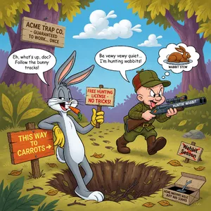 A Looney Tunes-inspired cartoon scene of a clever rabbit tricking a hunter. - XAI Grok Imagine (Quality)