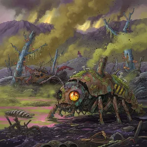 A mechanical creature in a polluted landscape. Capture the visual aesthetic of 'Nausicaä' by Studio Ghibli, with Miyazaki's mechanical designs and environmental contrast. - XAI Grok Imagine (Quality)