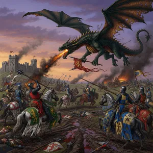 A medieval battlefield with knights on horseback and a dragon flying overhead. - XAI Grok Imagine (Quality)