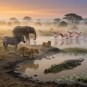 A misty dawn at an African savanna watering hole where elephants, lions, and zebras coexist in tense harmony, with a crocodile partially submerged in the foreground and flamingos taking flight in the background, golden hour lighting. - XAI Grok Imagine (Quality)
