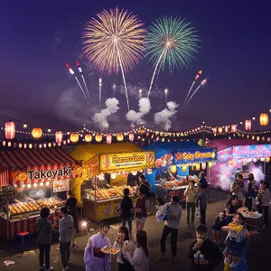 A nighttime festival with fireworks in the sky, food stalls lined up, and crowds mingling. - XAI Grok Imagine (Quality)
